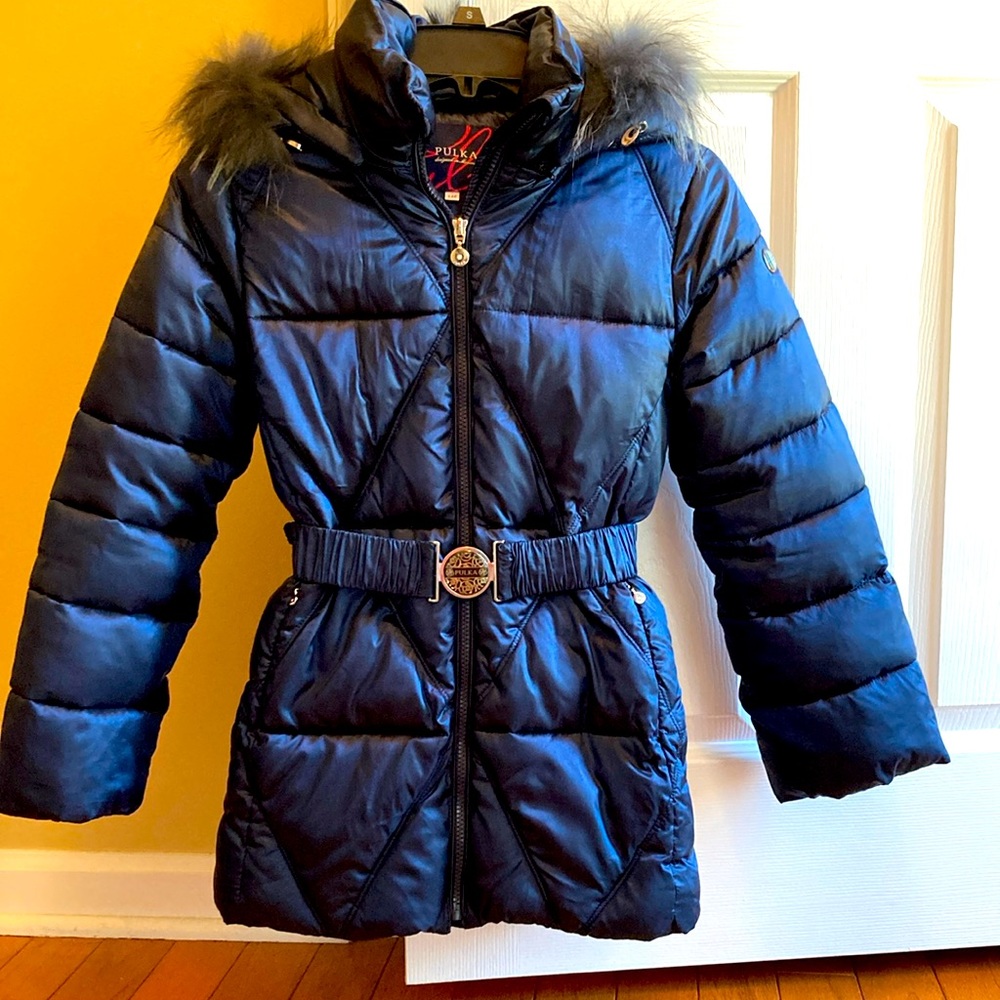 Beautiful winter European designer jacket with removable hoodie